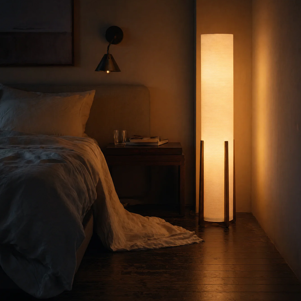 Tall Cylindrical Shade Floor Luminaire, Vertical Standing Ambient Light With Support Frame For Living Space Corner Styling