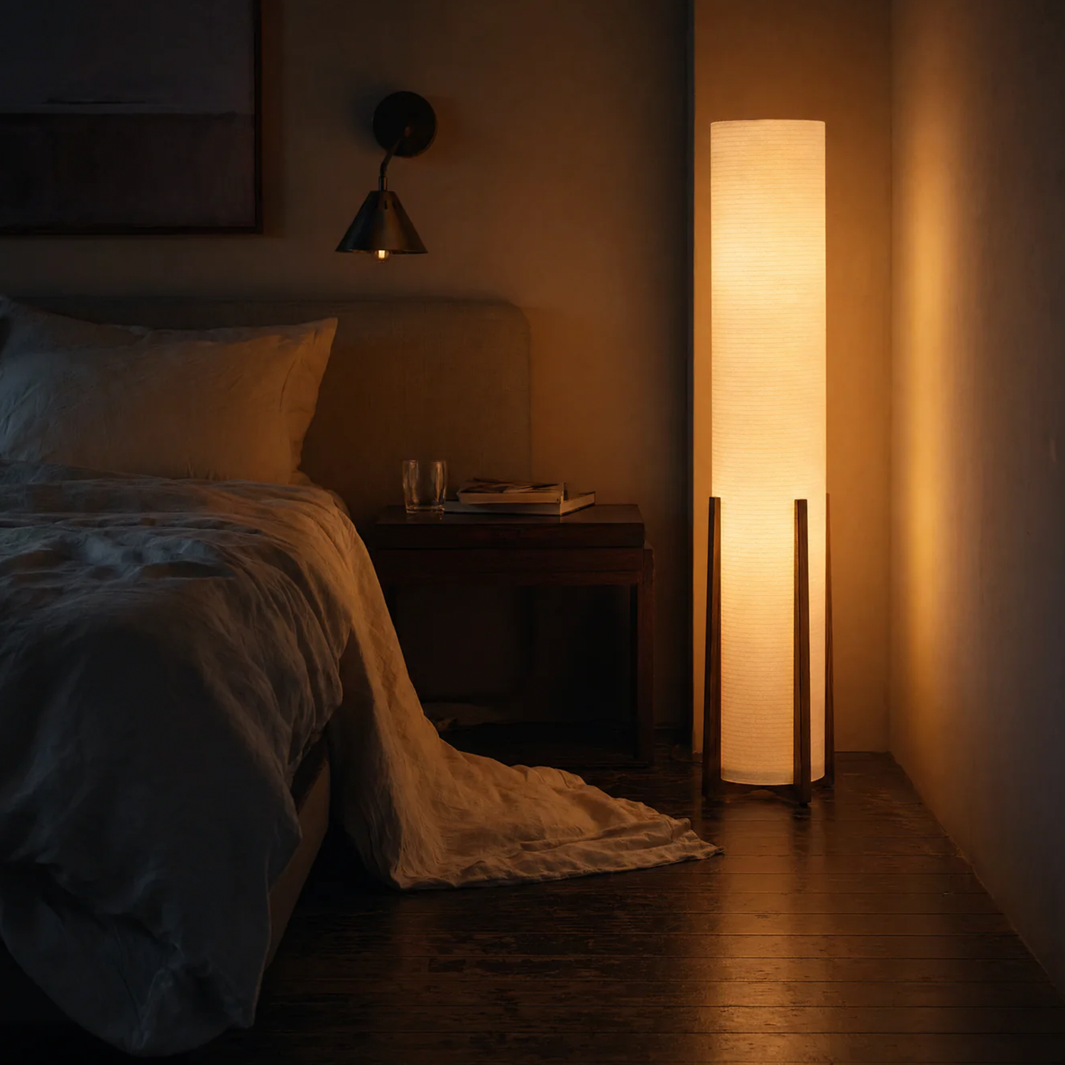 Tall Cylindrical Shade Floor Luminaire, Vertical Standing Ambient Light With Support Frame For Living Space Corner Styling