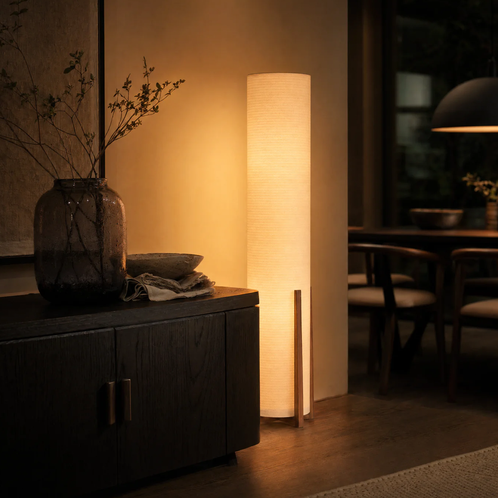 Tall Cylindrical Shade Floor Luminaire, Vertical Standing Ambient Light With Support Frame For Living Space Corner Styling