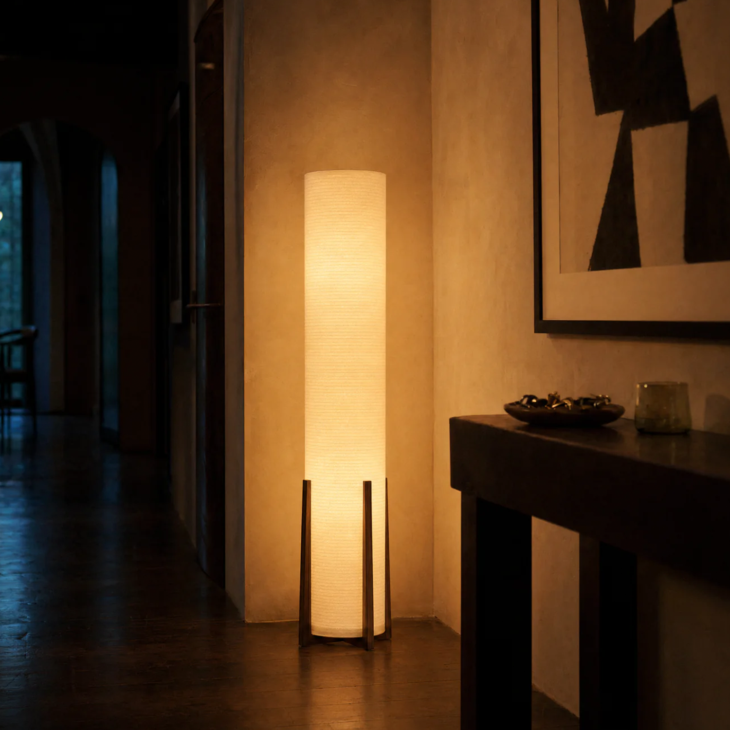 Tall Cylindrical Shade Floor Luminaire, Vertical Standing Ambient Light With Support Frame For Living Space Corner Styling