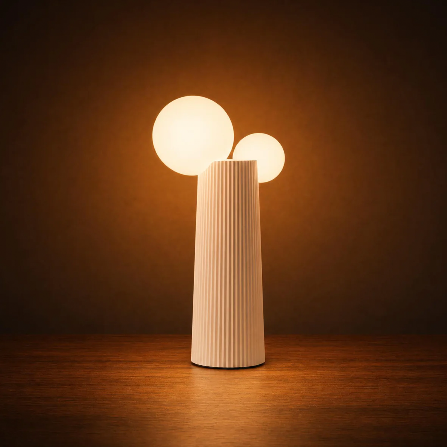 Ribbed Taper Base Dual Globe Table Lamp, Rechargeable Cordless Accent Light For Bedside And Display Surfaces