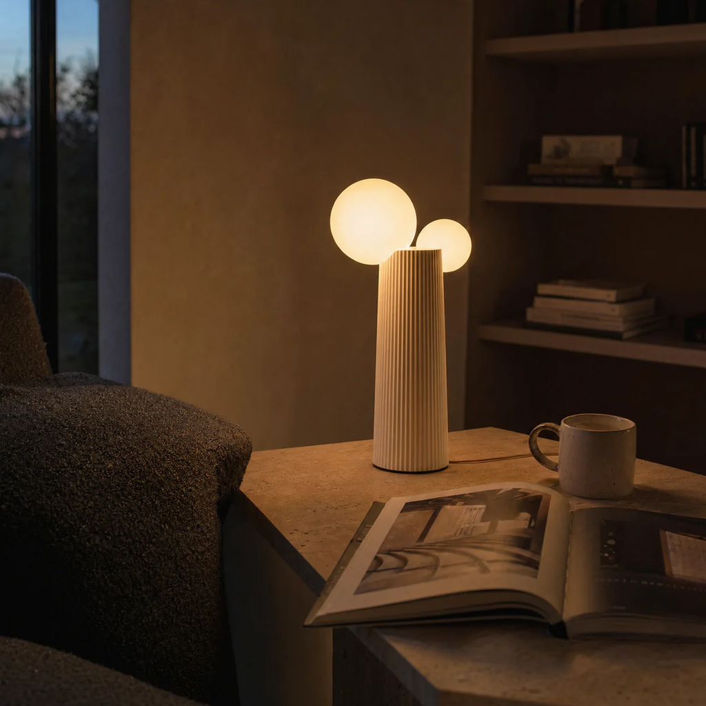 Ribbed Taper Base Dual Globe Table Lamp, Rechargeable Cordless Accent Light For Bedside And Display Surfaces